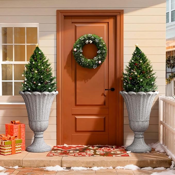 Tall Plastic Urn Planters for Outdoor Plants Set of 2-23.6" H Classic Petal Design Indoor Large Flower Pots with Drainage Holes, Outdoor Planters for Porch Decor/Garden Vase, Grey