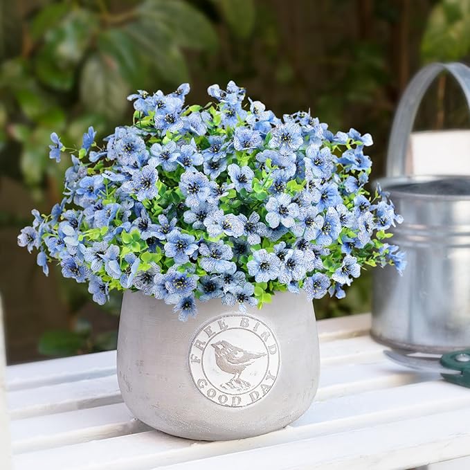 Artificial Flowers Outdoor Faux Plants UV Resistant Fake Patio Flowers Plastic Greenery Plnats Outside Bulk for Spring Garden Hanging Planter Home Vase Decor, 12 Bundles (Blue)