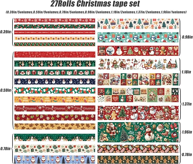 Bomichi 27 Rolls Christmas Washi Tape, Aesthetic Colored Decorative Cute Scrapbook Tape for Scrapbooking Supplies Journaling Craft Junk Journal