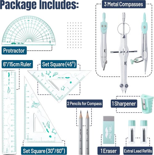 Mr. Pen Geometry Set - 13-Piece Kit with Metal Compasses, Protractor, Ruler & More for Math & Drafting