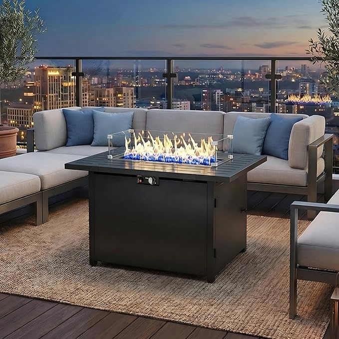 FansaFurn 43'' Propane Fire Pit Table, 50000 BTU Gas Fire Pits Table with Removable Lid and Lava Rock, Rectangular Fire Table with Cover, Ideal for Dining or Party on Patio, Garden, Yard, Black