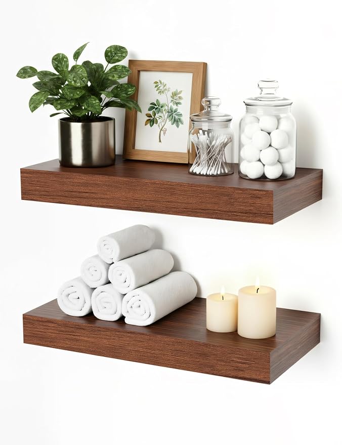 Floating Shelves for Wall, Bathroom Shelves Over Toilet, Wall Shelves & Book Shelf, Hanging Shelf, Modern Wooden Wall-Mounted Small Floating Shelves, 12x7x1.5 in (Walnut-Like, Set of 2)