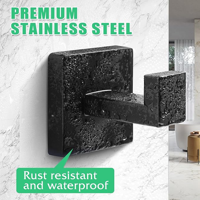 Heavy Duty Stainless Steel Towel Hooks, Wall Mounted Square Robe Hooks for Bathroom, Kitchen, Bedroom, Hotel Matte Black 2 Pack