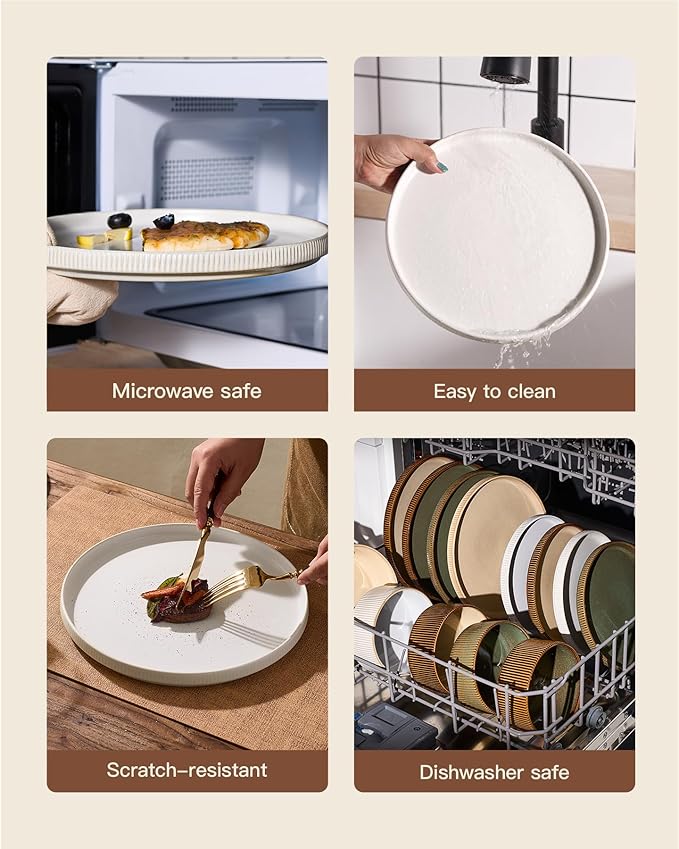 Stoneware Plates and Bowls Dishes Sets for 6 (18-Piece), Famiware Premium Handcrafted Reactive Glaze Dinnerware Set with Raised Rim, Scratch Resistant, Microwave Dishwasher Safe, Matte Reactive White
