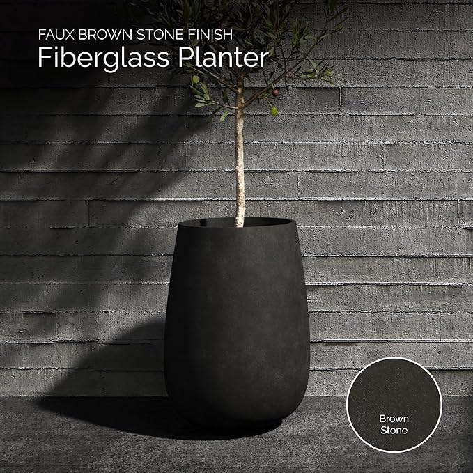 Mondo High Tall Planter – Brown Stone Finish – Fiberglass Indoor/Outdoor and Weather-Resistant Round Planter (17.7" D x 30.9" H Exterior, 16.5" D x 30.7" H Interior)