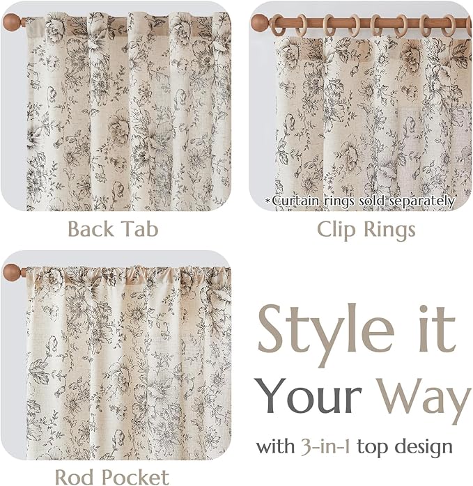 jinchan Lined Linen Blend Curtain Floral Curtains for Living Room 84 Inches Long Black Peony Flower Printed Curtain Back Tab Farmhouse Patterned Drapes Bedroom Window Curtains Set 2 Panels