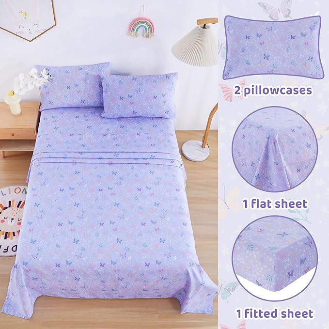 Viviland 4 Pieces Girls Light Purple Full Sheet Set - Soft Microfiber Fitted Flat Sheets & Pillowcases - Butterfly Floral Printed Bedding Sets - for Kids & Toddlers