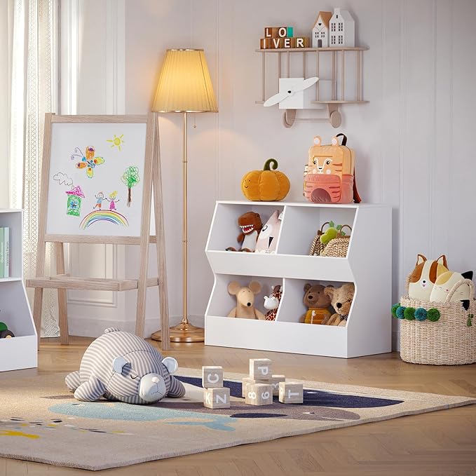DINZI LVJ Kids Bookshelf, Toy Storage Organizer, Wooden Toy Storage Cabinet, 4 Cubby Children Bookcase, 31.5" L Toddler Book Shelf for Bedroom, Nursery, Hallway, School, White