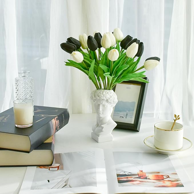 Mandy's Artificial Tulips 20 Stems Black and White PU Faux Flowers for Thanksgiving and Christmas Decorations Wedding Home Decor 13.5 Inch