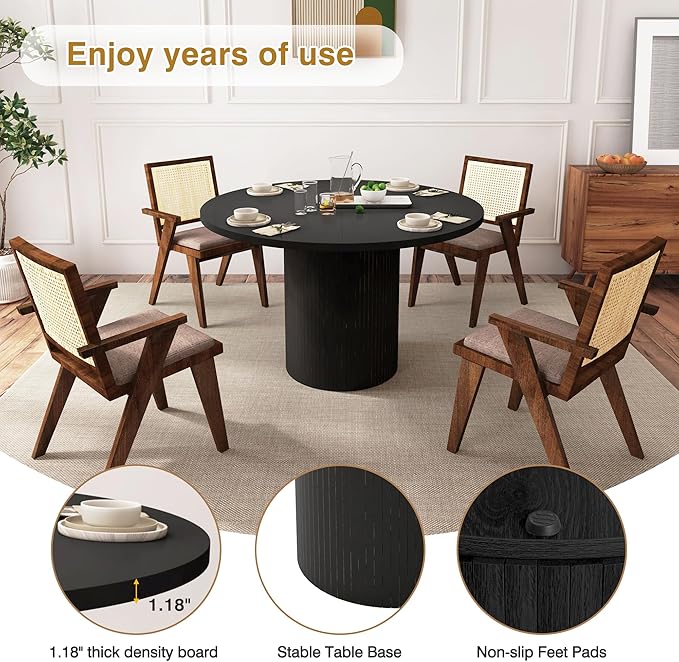 weselon Round Dining Table for 4, Modern Farmhouse Kitchen Table, 47 Inch Small Circle Dining Tables with Wood Strip Base for Kitchen Living Room (Black)