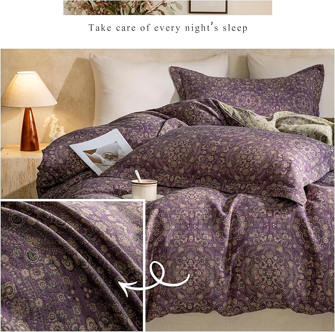 LifeTB Purple Green Floral Duvet Cover Queen Vintage Boho Medallion Bedding Set Queen 3 Pieces Jacquard Flower Comforter Cover Floral Yarn-Dyed Textured Linen Cotton Duvet Cover with 2 Pillowcases