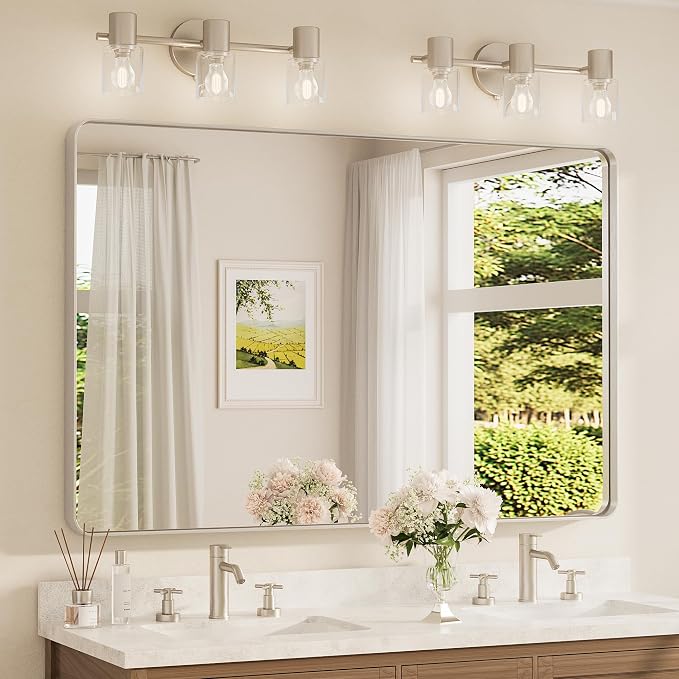 TETOTE 55 x 36 inch Brushed Nickel Mirror for Bathroom Over Sink Metal Framed Mirror Modern Farmhouse for Living Room Entryway(Horizontal/Vertical)