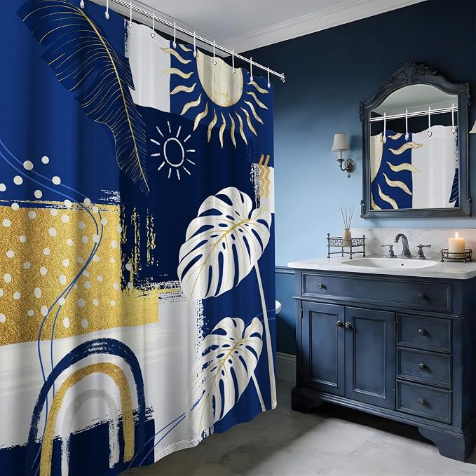 Blue and White Mid Century Modern Shower Curtain, 70x72 Inch | Bohemian Abstract Navy Blue and Gold Bathroom Decor Sets, Waterproof Cloth Fabric, Includes Hooks