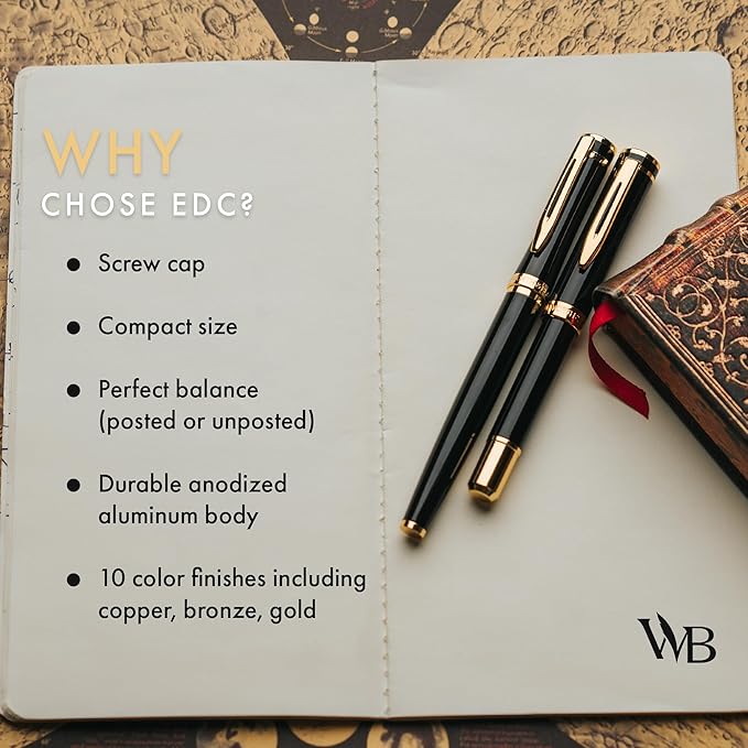 Wordsworth and Black Fountain Pen Mini EDC: Luxury Black Heavy Pocket Pen, Gold Finish, Medium Nib, 6 Ink Cartridges, Ink Converter, Travel Refillable Writing Pen Gift Set, Men & Women