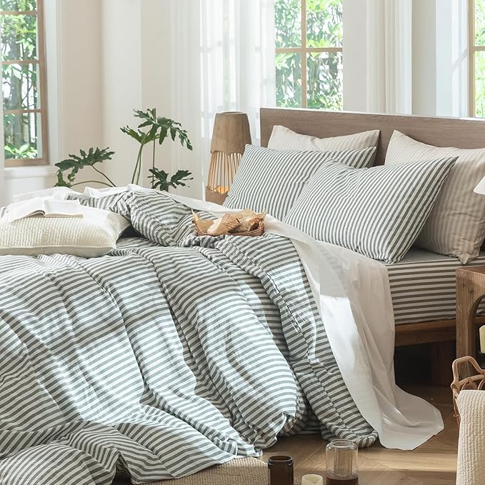 MooMee Striped Duvet Cover Set 100% Washed Cotton Linen Like Textured Breathable Durable Soft Comfy (Heathered Green Classic Stripes, Twin 68"x90")