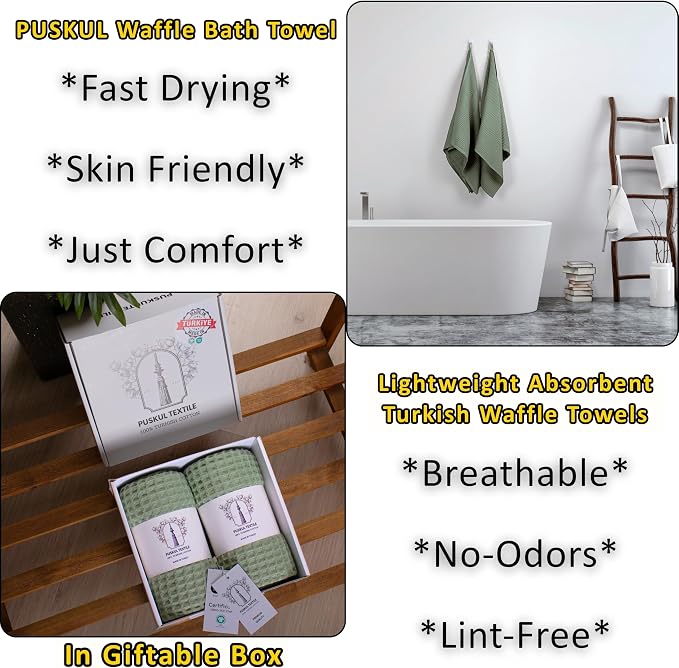 PÜSKÜL Natural 100% Turkish Cotton Waffle Bath Towels Set of 2-Piece | 32x63 inch Extra Large Absorbent Quick-Dry Lightweight Spa Towel | Luxury Sauna Accessories (Sage Green, Bath Towels - Pack of 2)
