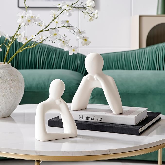 Danya B. Hans Tanka Cream Abstract Two Piece Thinking Couple Decorative Accent Matte Ceramic Sculpture Figure Set