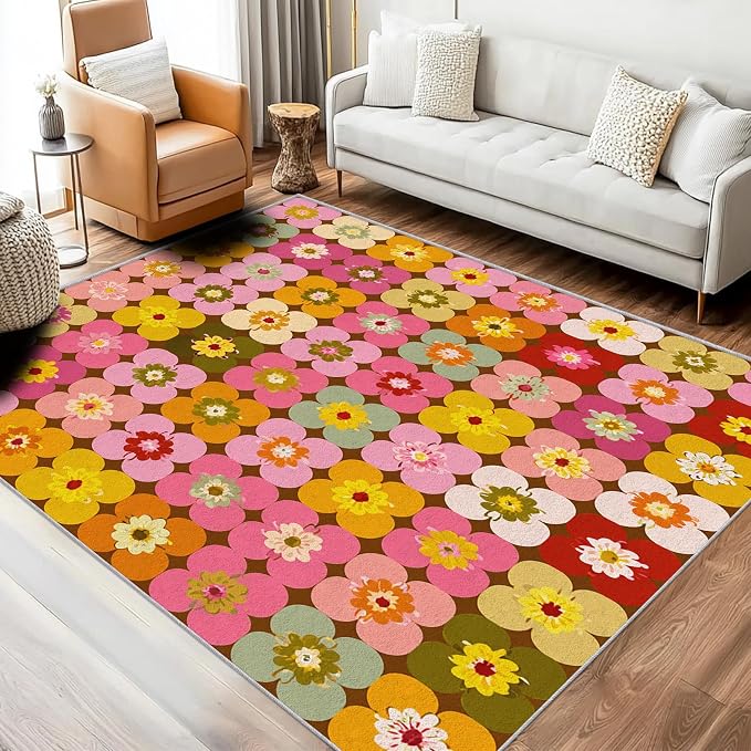 70s Floral Rugs 3x5, Retro Colorful Groovy Washable 3 x 5 Area Rug for Living Room, Bedroom, Low Pile Non Slip Stain Resistant Carpet, 70s Retro Home Decor Accessories & M840