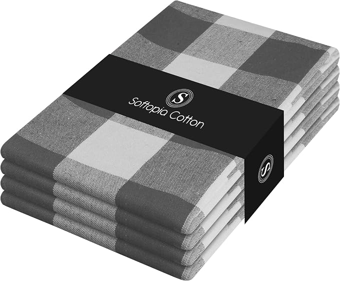Grey Buffalo Check Plaid Kitchen Towels, 4 Pack, 100% Cotton, 16x26 Inches, Super Absorbent, Quick Dry, Soft, Lint-Free, Dish Drying & Cleaning Towels with Hanging Loop, Gray White