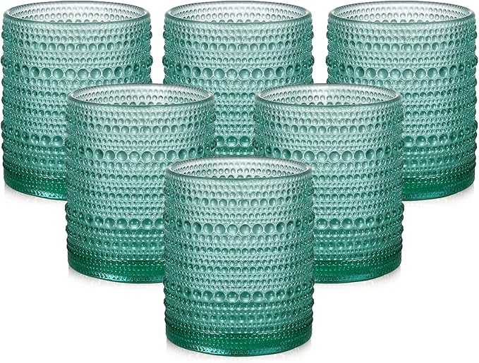 ZMOWIPDL Vintage Glassware Drinking Glasses Set of 6,12 oz Hobnail Glass Cups,Embossed Lake Blue Water Tumbler,for Beer,Cocktail,Whiskey,Juice and Various Mixed Drinks- 1 Cleaning Brush