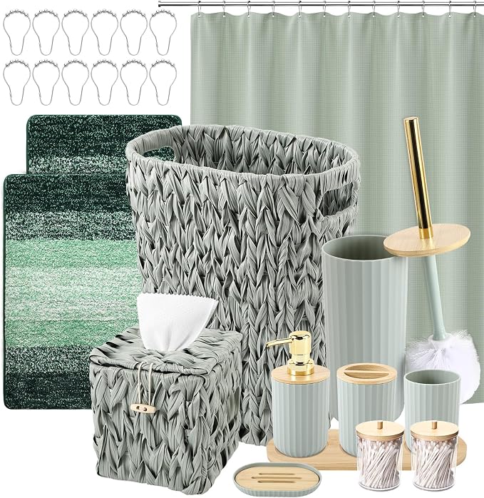 Bathroom Accessories Set, 25PCS Wicker Bathroom Accessory Set with Shower Curtain, Bath Mat, Soap Dispenser, Handwoven Trash Can & Rattan Tissue Box ((Sage Green, Bath Set+Shower Curtain+Rugs)