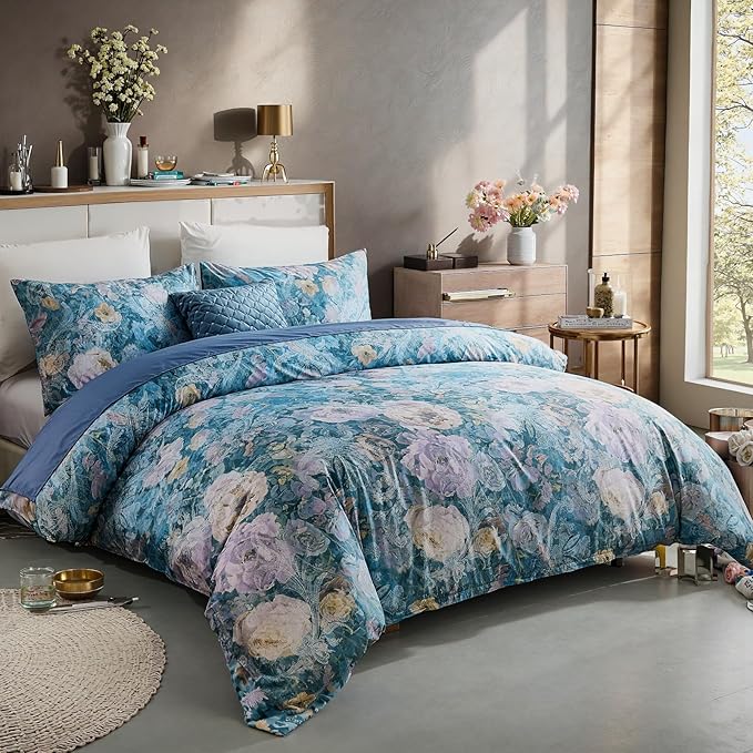 100% Cotton Duvet Cover Queen Size – Navy Blue Watercolor Floral Duvet Cover Set with Zipper Closure & Corner Ties, 3-Piece Silky Soft & Breathable Bedding Set for All Seasons