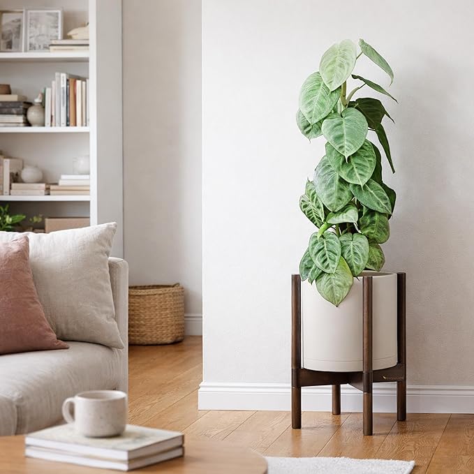D'vine Dev Planter Pot with Stand - 10 Inch Plastic Cylinder Flower Pot with Wood Planter Holder for Indoor, Oatmeal Pot + Walnut Color Stand, 55-C-L-4