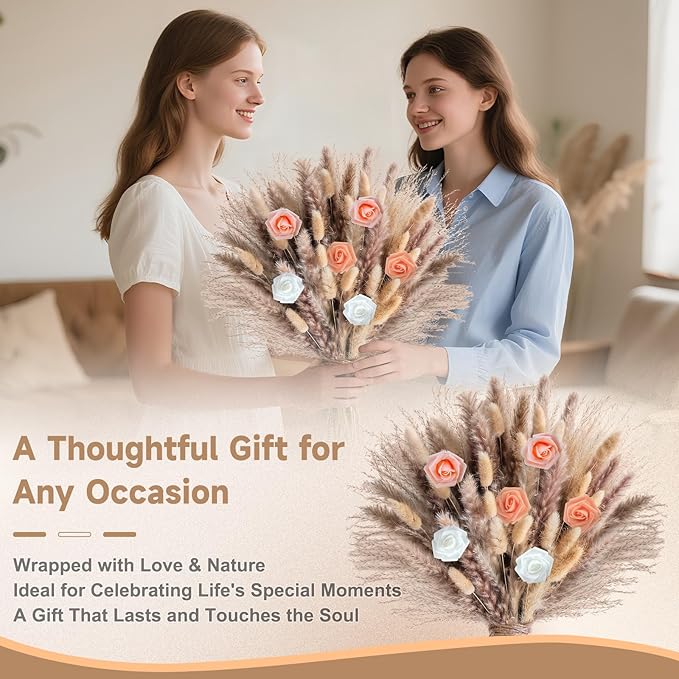 Pampas Grass Boho Home Decor 101PCS 17 inch Natural Dried Flowers for Vase Pompas Eucalyptus Stems, Artificial Flowers Bouquet DIY Arrangements Boho Wedding Bedroom Tables Rustic Decoration