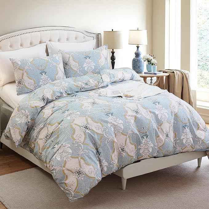 100% Natural Cotton Duvet Cover Set Queen 3 Pcs Grayish Blue Duvet Cover with Luxurious Damask Pattern, Reversible Breathable Soft Comforter Cover Sets with Zipper Closure All Season