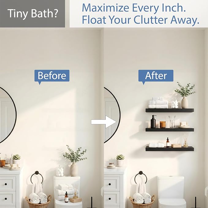 Floating Shelves for Wall, Bathroom Shelves Over Toilet, Wall Shelves & Book Shelf for Room, Hanging Shelf, Modern Wooden Mounted Floating Shelves, 24x7x1.5 in (Black, Set of 3)