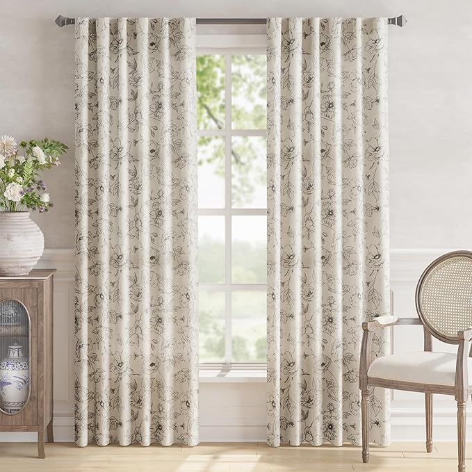 jinchan Linen Floral Curtains for Living Room 84 Inch Length Grey Flower Curtain Rod Pocket Back Tab Farmhouse Curtains with Printed Floral Bedroom Window Curtain Set, 2 Panels Gray