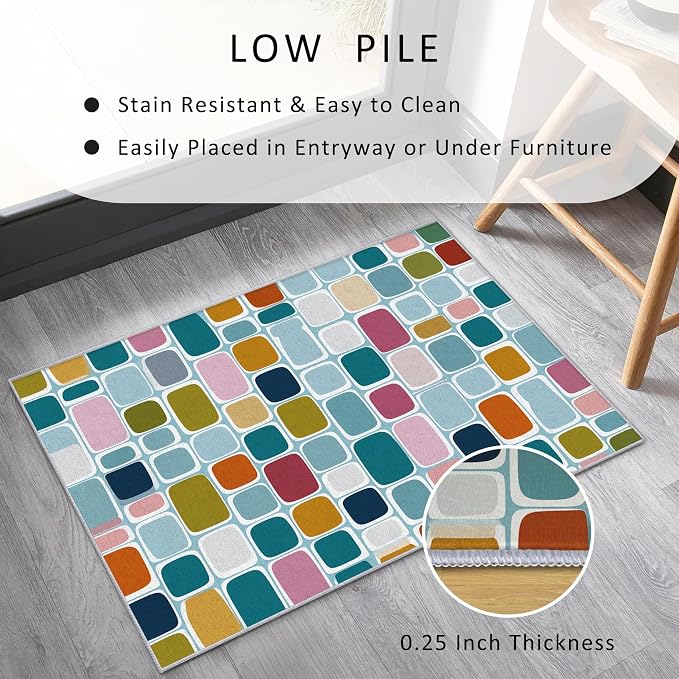 Mid Century Modern Rugs 5x8, Geometric Retro Washable 5 x 8 Area Rug for Living Room, Bedroom, Low Pile Non Slip Stain Resistant Carpet, Mid Century Home Decor Accessories & M910