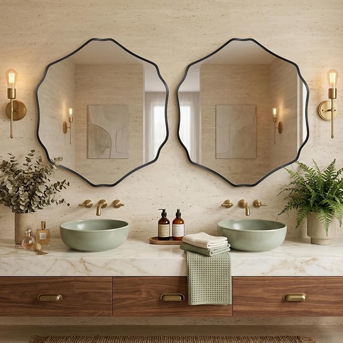 Irregular Hexagon Wall Mirror with Wavy Edge, Modern Decorative Mirror for Bathroom, Bedroom, Living Room, Frameless Vanity Mirror