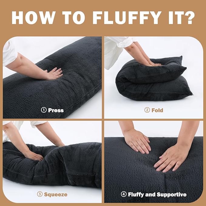 DOWNCOOL Large Body Pillow Insert with Faux Fur Cover - Fluffy Long Bed Pillow for Sleeping - Breathable Full Body Pillow for Adults - 20x54 inch (Grey, with Cover)