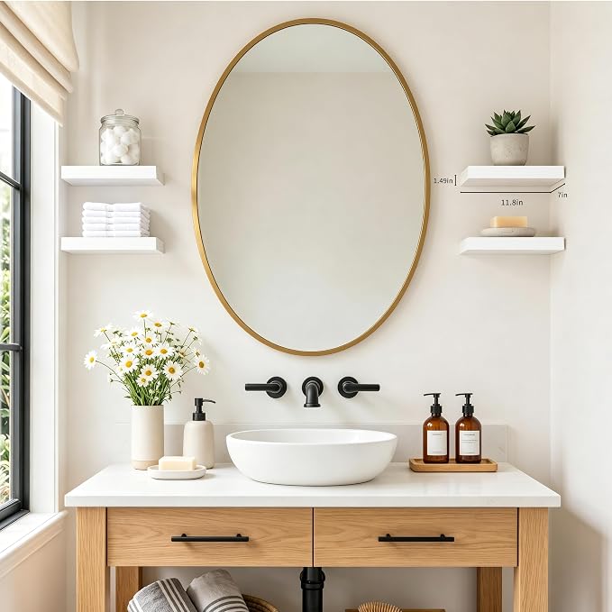 Floating Shelves for Wall, Set of 4 Wooden Wall Mounted Shelves for Bathroom Over Toilet, Bedroom, Kitchen, Living Room & Office, Modern Hanging Storage and Wall Decor, White, 12"x7"x1.5"