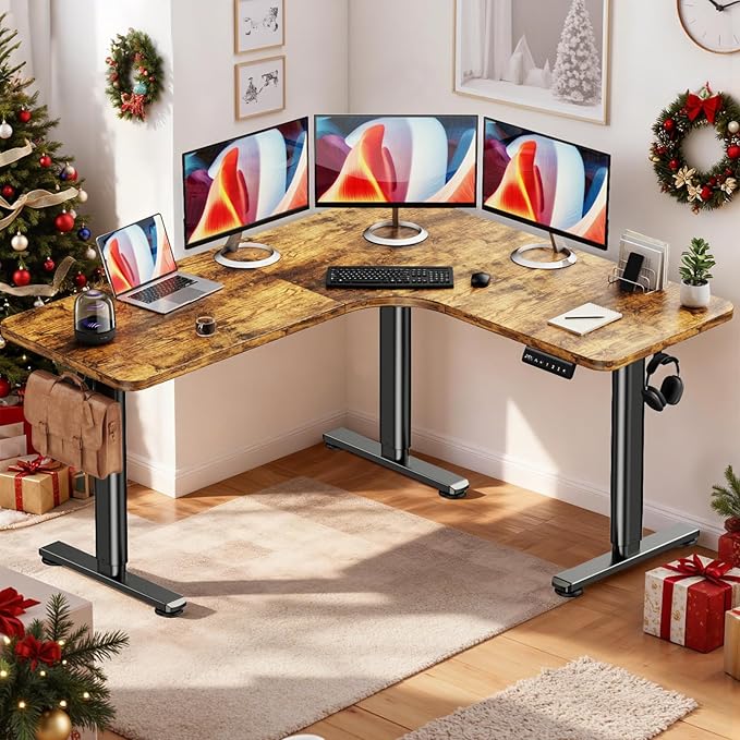 Flycity Electric L Shaped Standing Desk Adjustable Height, 63" x 55" Corner Stand Up Table, Home Office Desk, Dual Motor Sit Stand Desk, Computer Desk with 3 Memory Preset & Lock, Rustic Brown