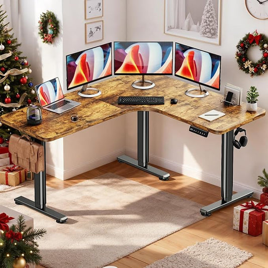 Flycity Electric L Shaped Standing Desk Adjustable Height, 63" x 55" Corner Stand Up Table, Home Office Desk, Dual Motor Sit Stand Desk, Computer Desk with 3 Memory Preset & Lock, Rustic Brown
