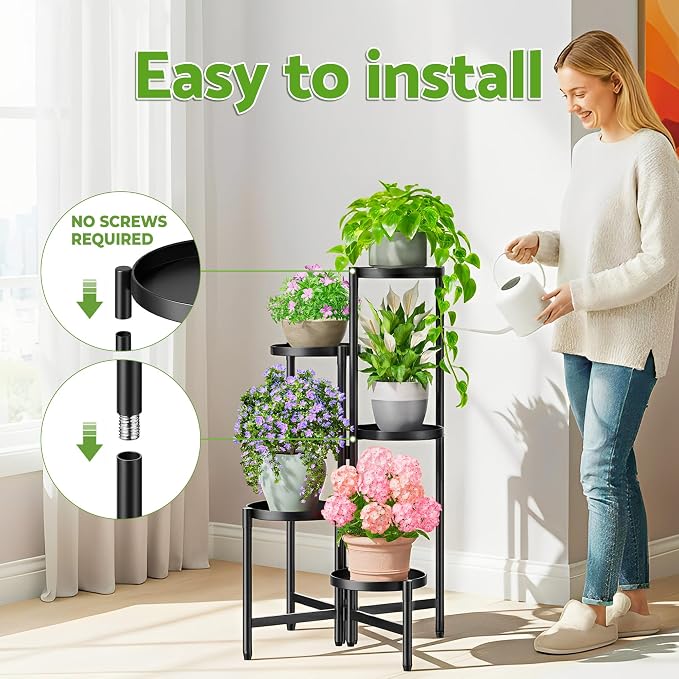 Tall Plant Stand Indoor Outdoor, Corner Metal Flower Pot Stands for Multiple Plants, 5 Tier Heavy Duty Plant Shelf for Patio Garden Balcony Living Room Bedroom - BlackDisk