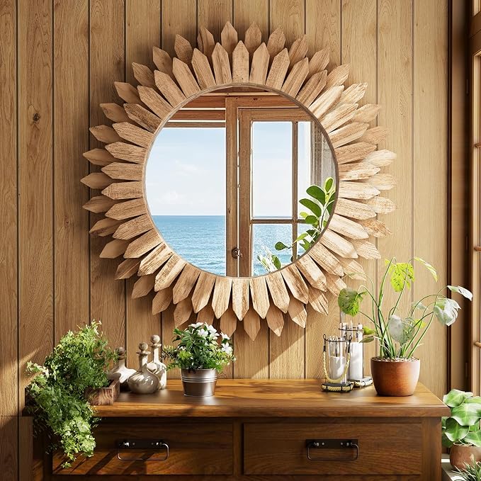 Boho Wood Sunburst Round Wall Mirror, 24 Inch Rustic Circle Wooden Frame Decorative Mirror for Farmhouse Coastal Home, Home Wall Decor for Living Room Entryway Bedroom, Light Wood