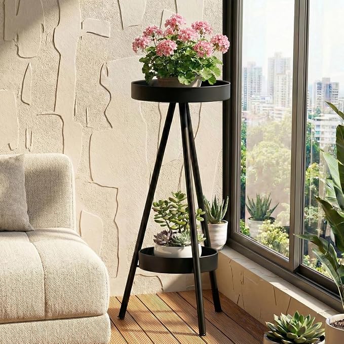 2 Tier Tall Plant Stand Indoor Outdoor, 31.5" Metal Modern Flower Corner Holder, Black Iron Plant Shelf Rack, Heavy Duty for Small Spaces, Bedroom & Balcony