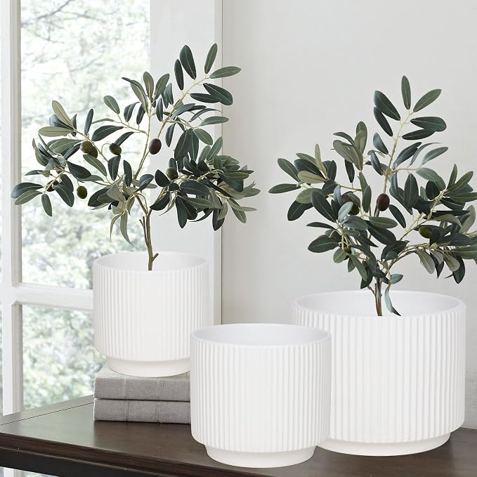Oakrain Plant Pots Set of 3 with Vertical Stripes 7.8/6.5/5.2 inch, Modern Decorative Planters for Indoor Outdoor Plants, Garden Flower Pot with Drainage Holes, Ceramic White