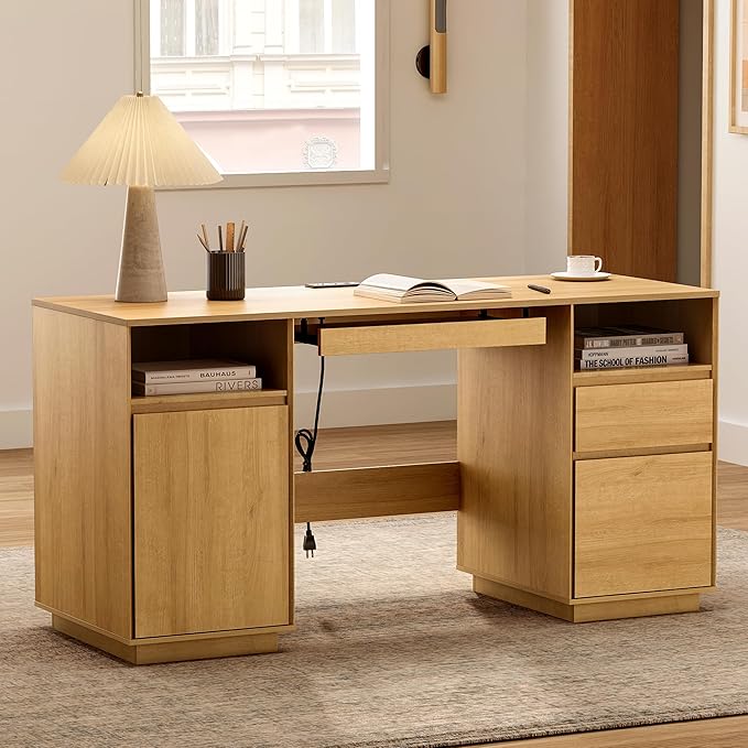 59" Executive Desk, Farmhouse Large Home Office Desk with File Drawer & Outlet & Storage Cabinet, Wood Computer Desks with Keyboard Tray, Workspace for Study Writing, Natural Oak