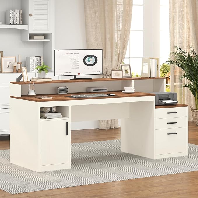 65 Inch Computer Desk with 3 Drawers & Storage Shelves, Executive Desk with File Drawer & Cabinet, Home Office Desk with Long Monitor Stand & Printer Shelf, Antique White