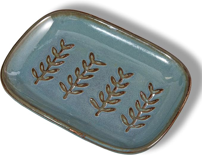 HighHerz Aesthetic Ceramic Soap Dish for Shower, Soap Holder with Raised Relief, Shower Soap Dish for Shampoo Bar Or Sponge, Soap Saver for Bathroom, Kitchen, Sink, Decorative Soap Tray (Blue)