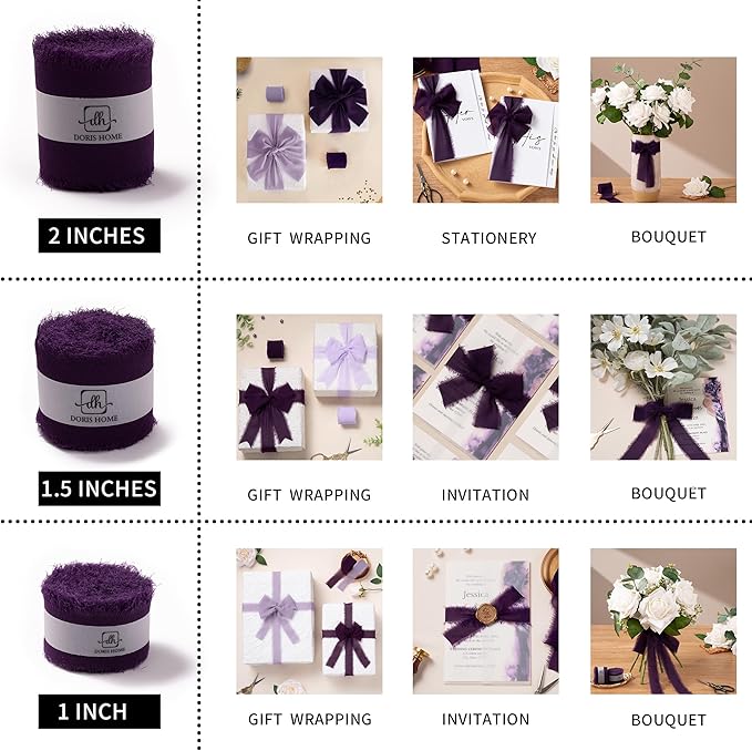 DORIS HOME Plum Chiffon Ribbon for Flower Bouquet, 1" x21Yd Fabric Ribbon for Gift Wrapping, Handmade Frayed Ribbon for Wedding Invitations/Christmas Decorations