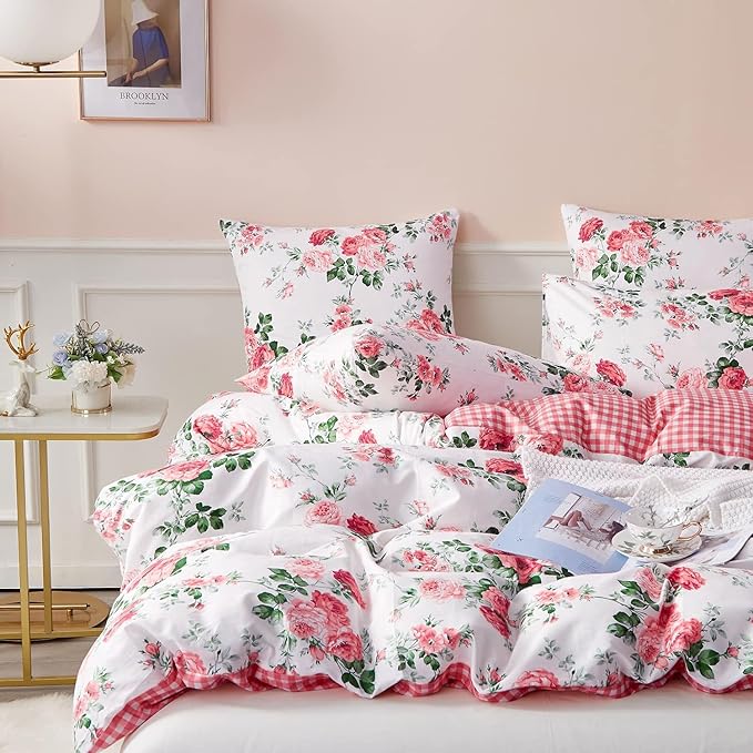 Pink Flower Duvet Cover Set Twin 3 Pieces Girls Floral Duvet Cover 100% Microfiber Blossom Rose Flower Comforter Cover Cottagecore Bedding Set Vintage Botanical Comforter Cover with Zipper Closure