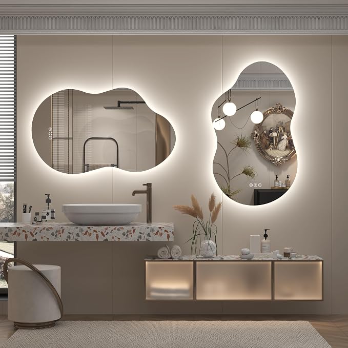 20x32 Inch Irregular Backlit Bathroom Mirror with Lights, Asymmetrical Cloud Lighted Vanity Mirror for Wall, Anti-Fog, Dimmable, Memory, 3 Colors (Horizontal/Vertical)