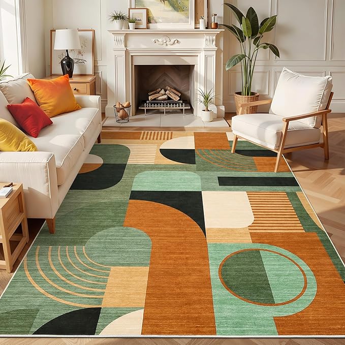 Area Rugs for Living Room, Boho Geometric Washable Rug for Bedroom Entryway Soft Low Pile Non-Slip Indoor Rugs for Dining Room Dorm Playroom, Green Multi, 5'x7'