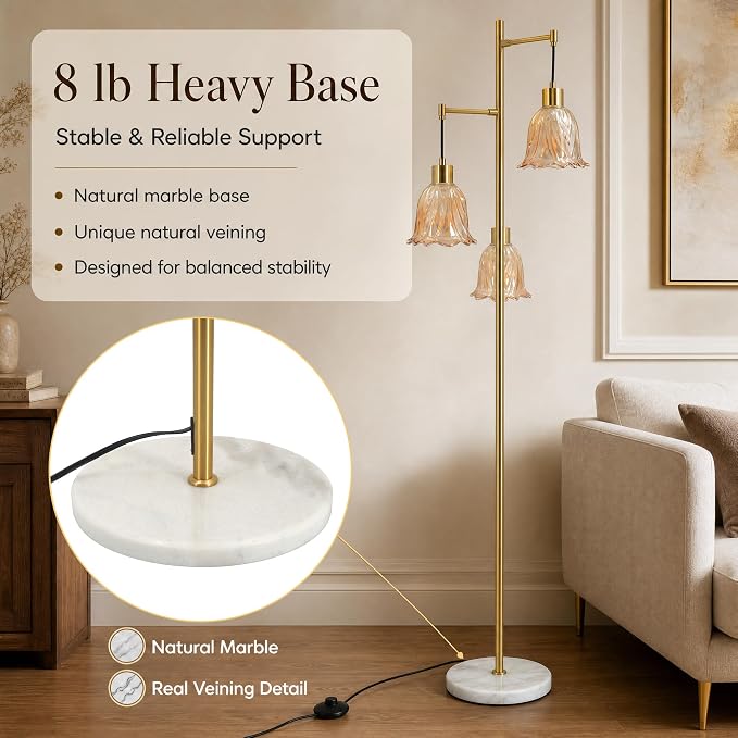 Gold 3-Light Glass Flower Floor Lamp, Mid Century Modern Brass Tree Standing Lamp, Vintage Boho Farmhouse Tall Floor Lamps for Living Room Bedroom Home Office