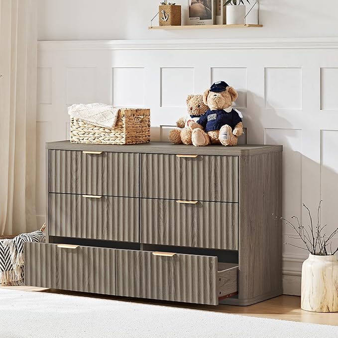 LEYAOYAO Fluted 6 Drawers Dresser Set of 2, 48" Wide Modern Chest of Drawers with Wood Grain Top, Curved Profile Design, Dresser TV Stand, Wooden Drawer Organizer for Bedroom, Living Room,Hallway,Grey